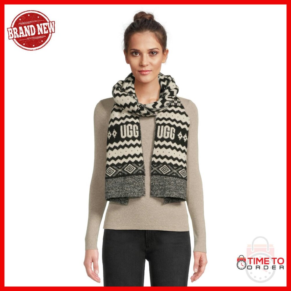 Wool Blend Fairisle Scarf With Ribbed Fringe, One Size